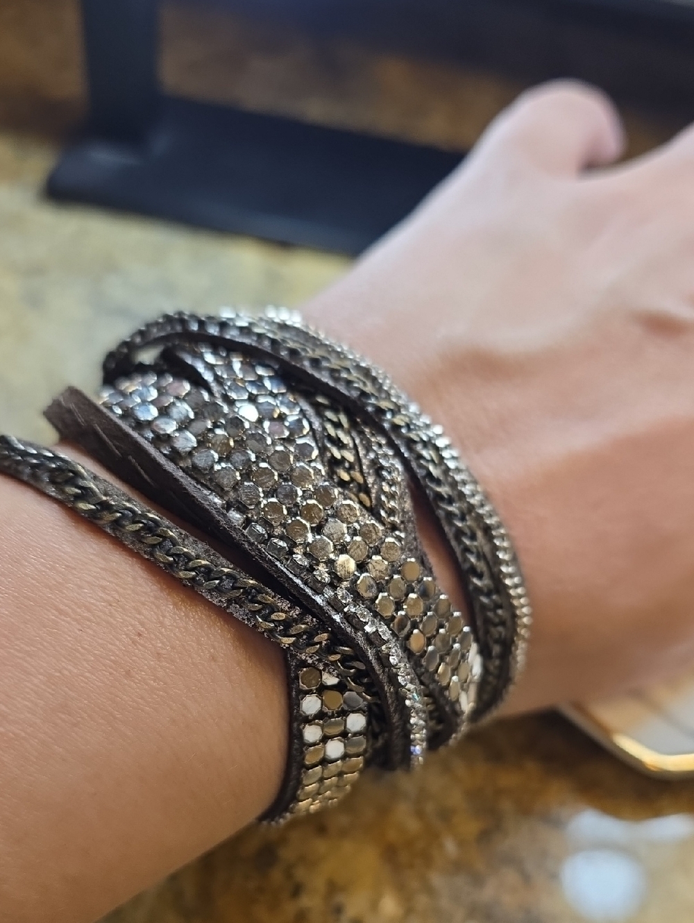Multi-Row Metallic Sequin Wrap Bracelet - Silver & Gunmetal